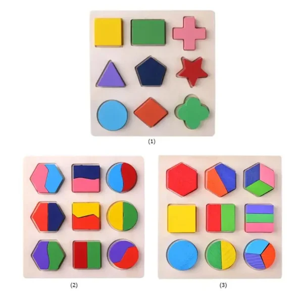 Wooden Geometric Shapes Montessori Puzzle with colorful blocks in various shapes.