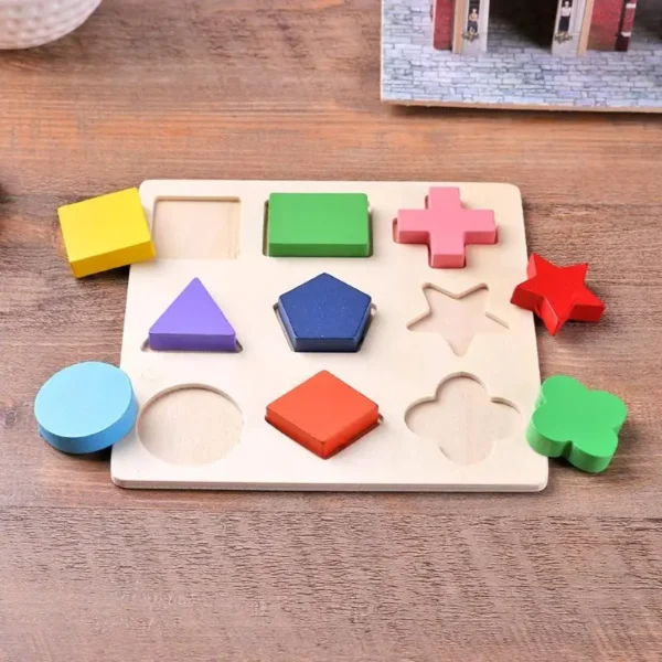 Sturdy wooden puzzle board with large geometric shape blocks for toddlers.