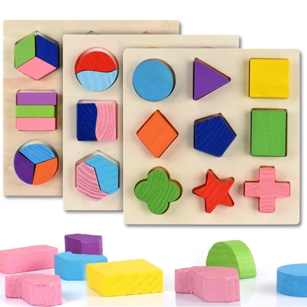 Wooden Geometric Shapes Montessori Puzzle with colorful blocks in various shapes.