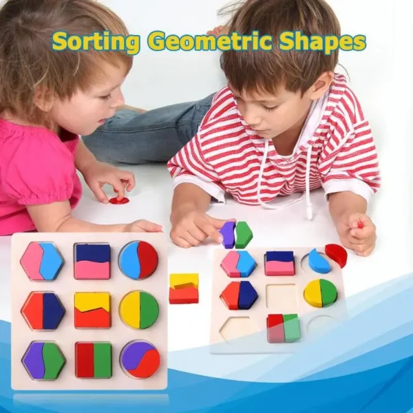 Wooden puzzle pieces scattered as child arranges them during play.