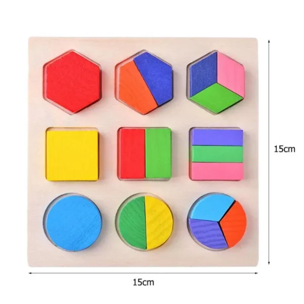 Sturdy wooden puzzle board with large geometric shape blocks for toddlers.