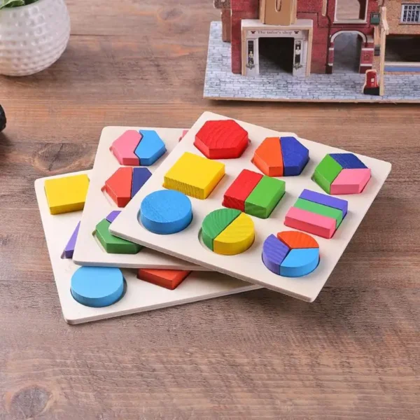 Wooden Geometric Shapes Montessori Puzzle with colorful blocks in various shapes.